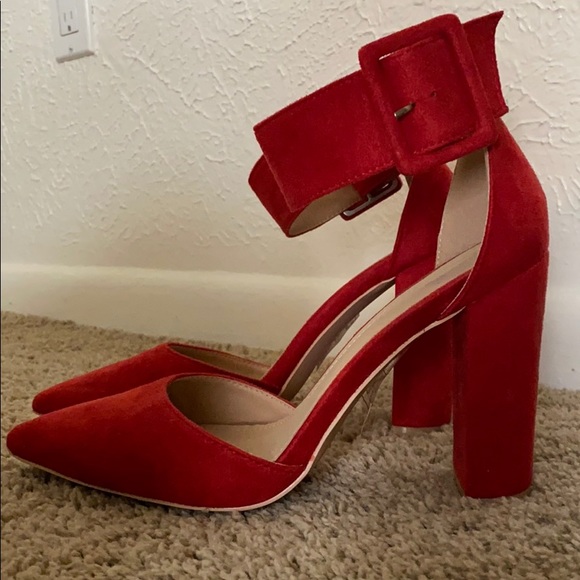 Red Ankle Strap Chunky Heels - Picture 3 of 4